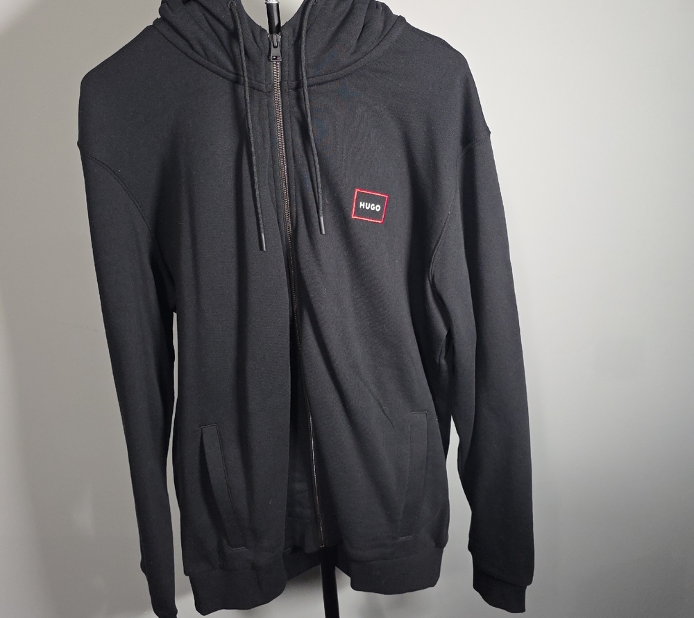 HUGO Black Zip-Up Hoodie with Red Logo Patch